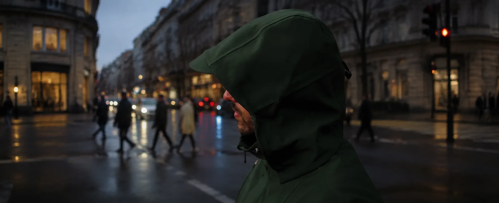 Ulterior Hardshell at a rainy European city crossing