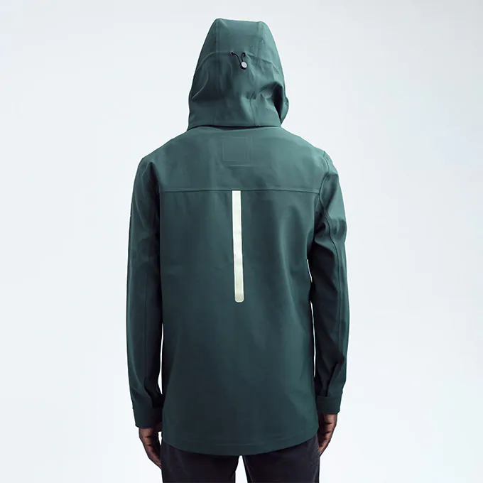 Green Ulterior Hardshell hood viewed from the back